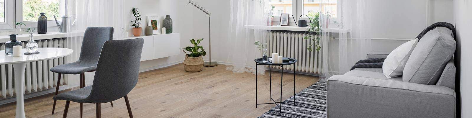 Rum med soffa, bord och element
